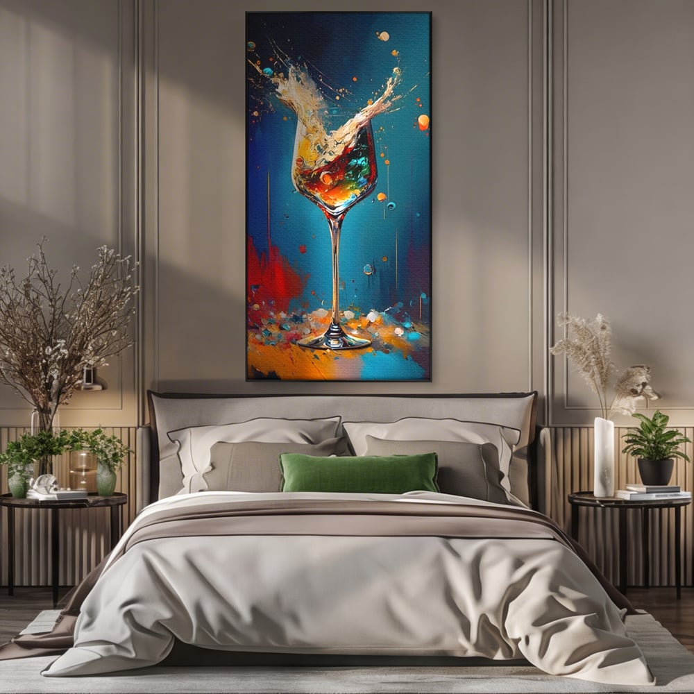 Tablou canvas cu tablou canvas cu pahar de cocktail si stropi colorati, in rama de aluminiu negru, pe perete intr-un dormitor